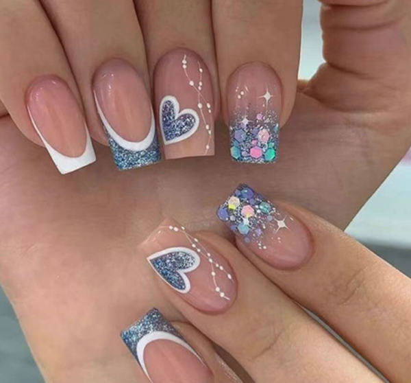 24pcs Blue Sequin Long Coffin Pressed On Nail (5 Sets)