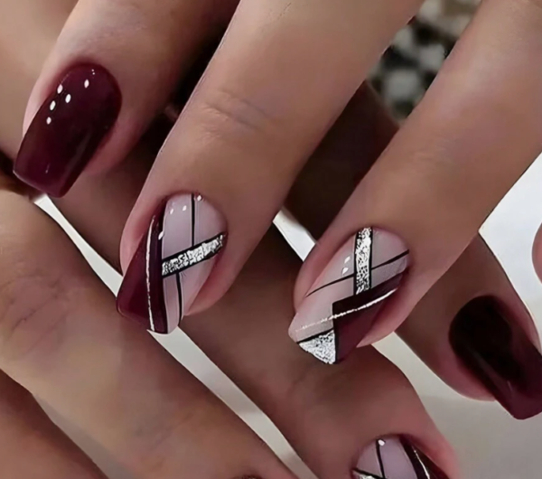 24pcs Long Square Shaped Wine Red Color Glitter French Design Nail (5 Sets)