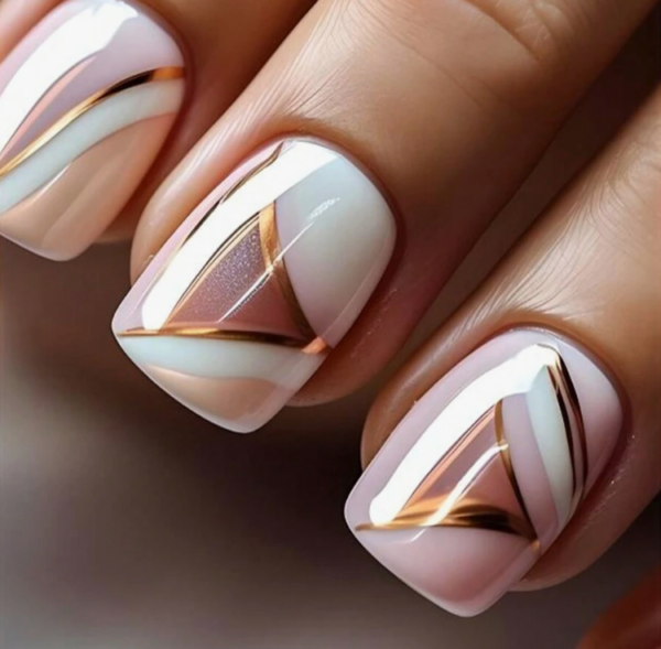 24pcs Short Square Minimalist French Rhombus & Leaf Design Nail (5 Sets)