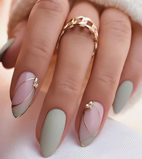24pcs Green Olive Almond Shape Pressed On Nails (5 Sets)