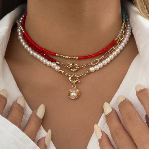 3pcs Faux Pearl Decor Shell Charm Necklace (5 Sets)