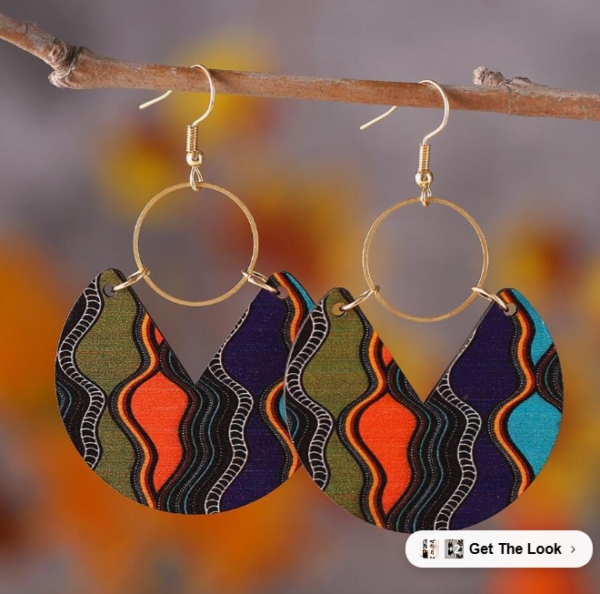 Vintage Bohemian Style Striped Print Wooden Circle Earring (5 Sets) - Image 3