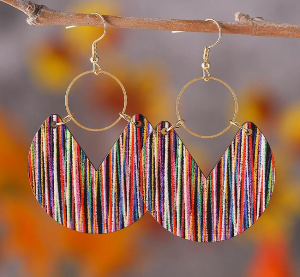 Vintage Bohemian Style Striped Print Wooden Circle Earring (5 Sets)