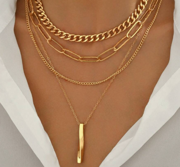 4pcs Gold Geometric Charm Pendant Layered Chain Necklace (5 Sets)
