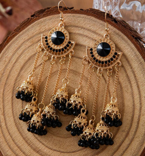 Black Alloy Diamond Inlaid Exaggerated Tassel Bell Earring (5 Sets)