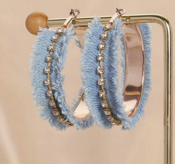 Beryohz Punk Style Denim Fringe Rhinestone Hoop Earring (5 Sets) - Image 2