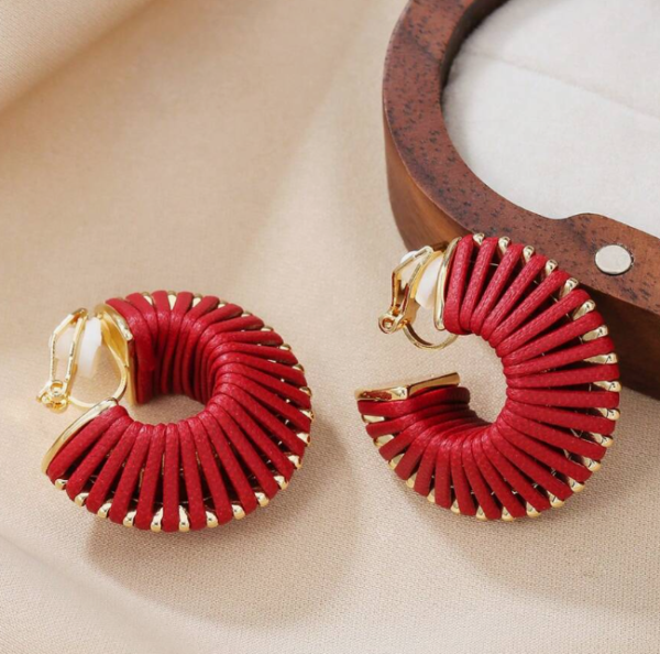 Handmade Woven Leather Round Drum Shaped Clip On or Stud Earring (5 Sets) - Image 4