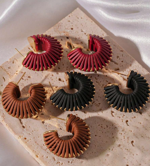 Handmade Woven Leather Round Drum Shaped Clip On or Stud Earring (5 Sets)