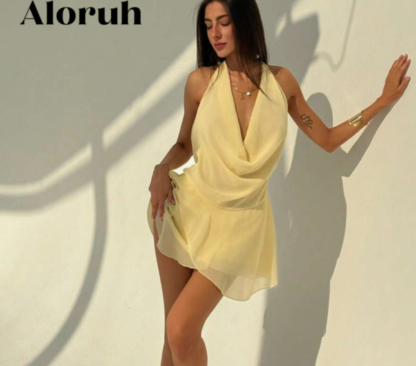 Aloruh New Sexy Backless Solid Color Halter Dress V Asymmetrical Ruffle Hem Mini Dress (5 Sets)