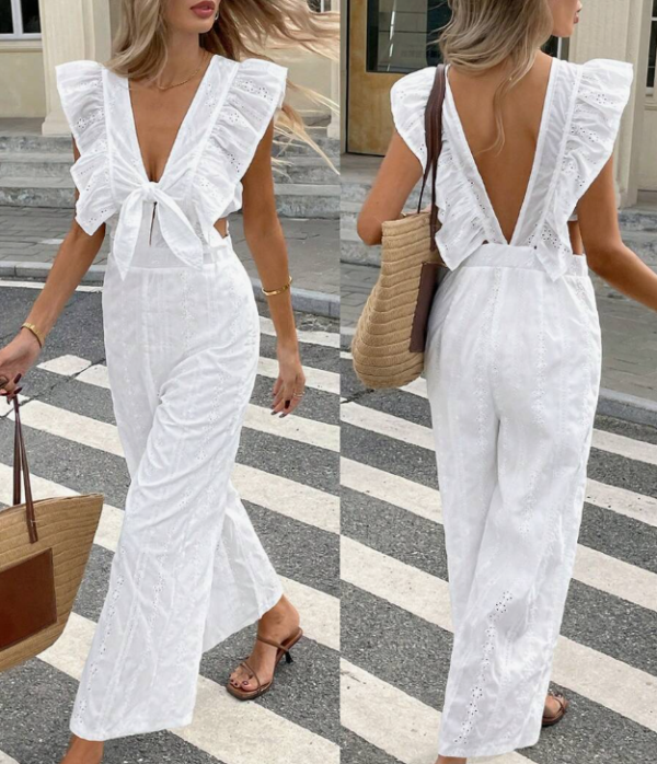 Frenchy Women Tie Cap Sleeve Waisted Back Deep V Solid Embroidery Jumpsuit (5 Sets)