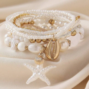 7pcs/set Ocean Style Faux Pearl Resin Starfish Shell Beaded Multi-Layer Bracelet (10 Sets)