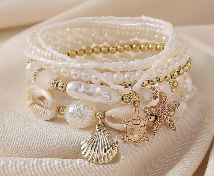 sc25052277076197497 7pcs/set Shell, Pearl & Starfish Beaded Layered Bracelet (10 Sets)