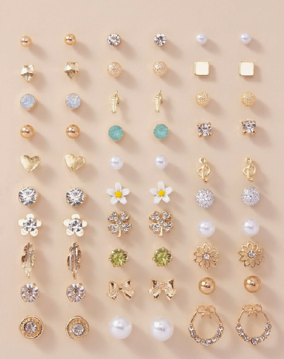 30 Pairs/Set Heart & Flower Stud Earring Set (10 Sets)