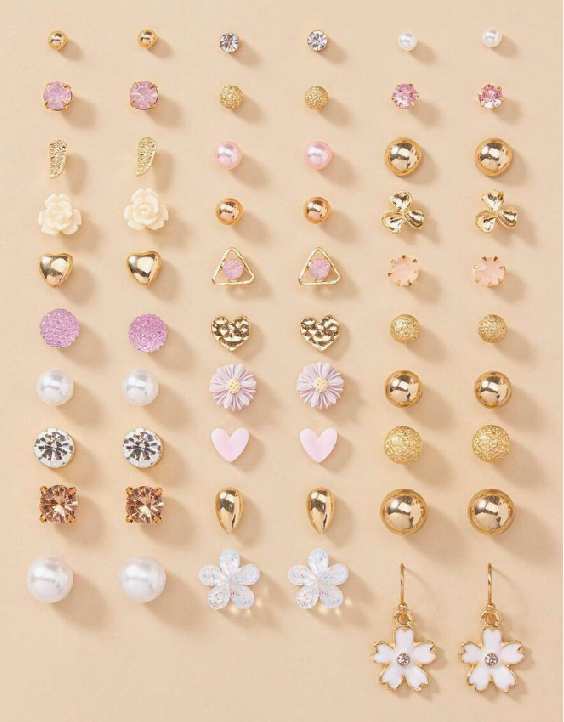 30 Pairs/Set Exquisite & Simple Metal Faux Pearl Floral Heart Earring (10 Sets)