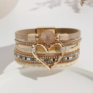 Bohemian Heart & Rhinestone Decor Braided Detail Chain Bracelet (10 Sets)