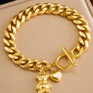 Gold-Plated Stainless Steel Chunky Chain Teddy Bear Pendant Bracelet (10 Sets)