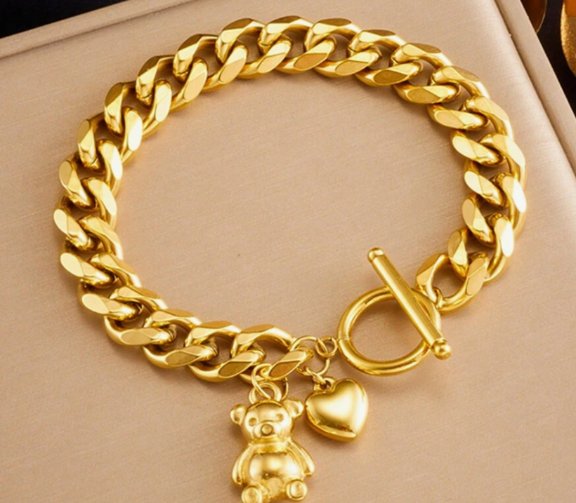 sj2404175985502915 Gold-Plated Stainless Steel Chunky Chain Teddy Bear Pendant Bracelet (10 Sets)