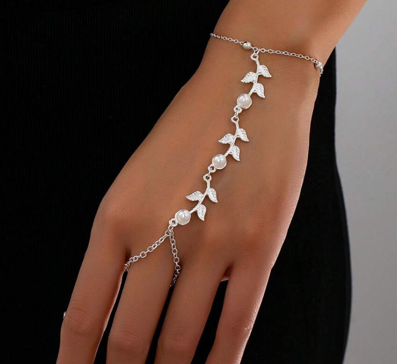 sj2405193322619494 Minimalist Pearl Inlaid Leaf Chain Bracelet (10 Sets)