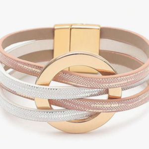 Multilayer PU Leather & Metal Large Hoop Bracelet (10 Sets)
