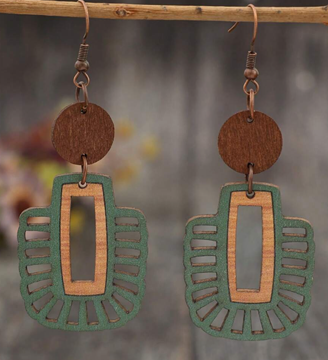 Boho-Chic Wooden Geometric Hollow Dangle Earring (10 Sets)