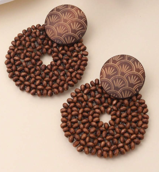 Handmade Coffee Brown Wooded Bead Stud Earring (10 Sets)