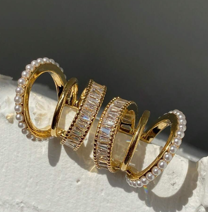 Elegant Gold Color Cubic Zirconia & Pearl Ear Cuff (10 Sets)