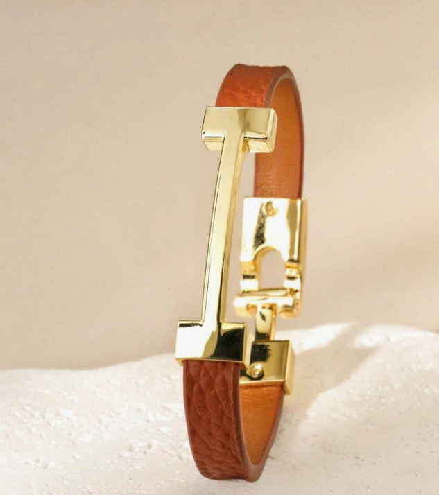 sj25070852279312226 coffee brown Fashionable Gold Letter Leather Bracelets (10 Sets) - Image 2