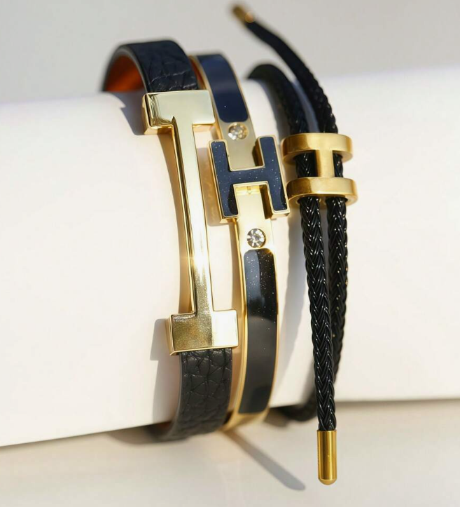 sj25070852279388162 black 3pcs Fashionable Chic Golden Letter Leather Bracelets (10 Sets) - Image 5
