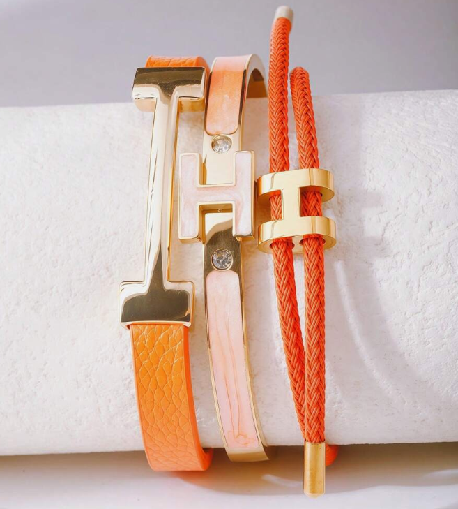 sj25070852279388162 orange 3pcs Fashionable Chic Golden Letter Leather Bracelets (10 Sets)