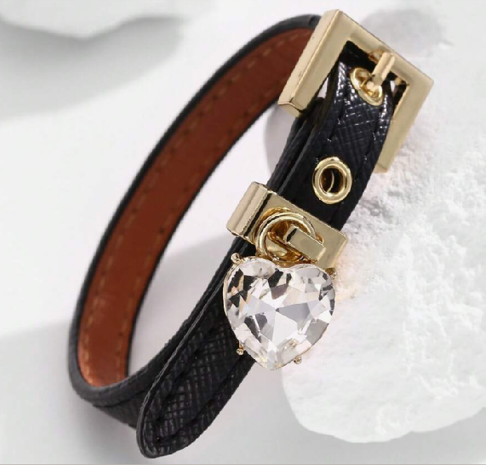 sj25072582278824222 black Faux Diamond Bracelet, Leather Cuff with Rhinestone (10 Sets) - Image 2
