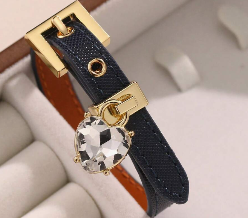 sj25072582278824222 blue Faux Diamond Bracelet, Leather Cuff with Rhinestone (10 Sets) - Image 3