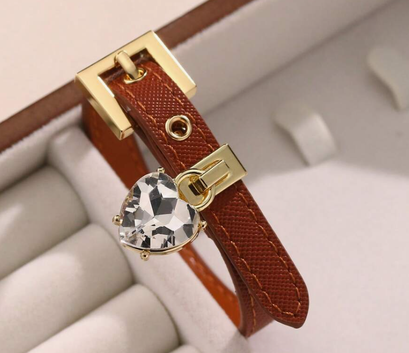 sj25072582278824222 brown Faux Diamond Bracelet, Leather Cuff with Rhinestone (10 Sets)