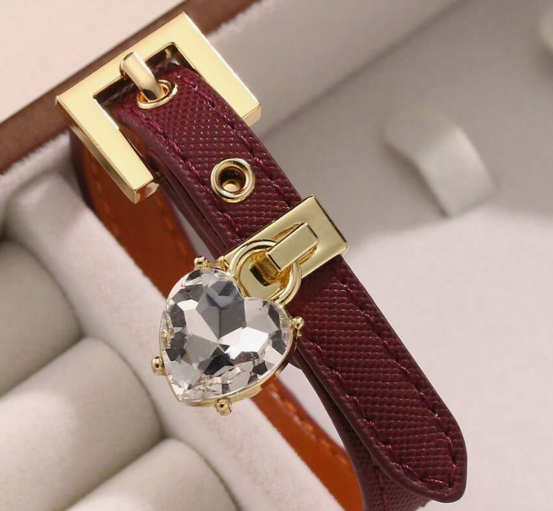sj25072582278824222 burgundy Faux Diamond Bracelet, Leather Cuff with Rhinestone (10 Sets) - Image 10