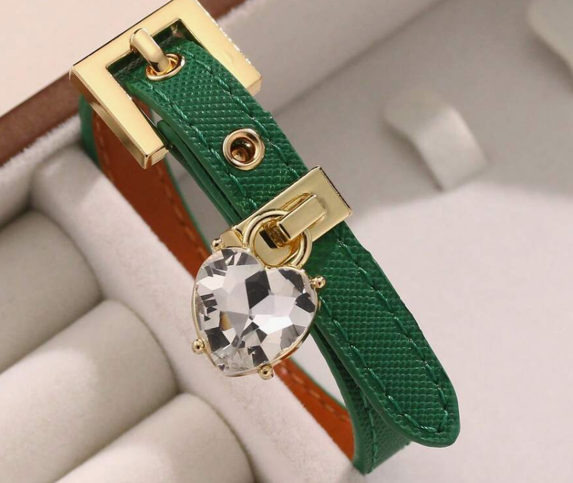sj25072582278824222 green Faux Diamond Bracelet, Leather Cuff with Rhinestone (10 Sets) - Image 9