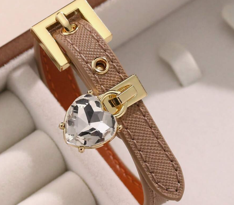 sj25072582278824222 khaki Faux Diamond Bracelet, Leather Cuff with Rhinestone (10 Sets) - Image 8