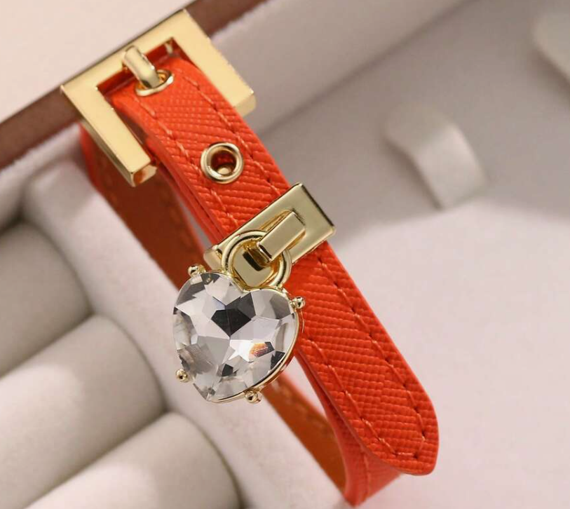 sj25072582278824222 orange Faux Diamond Bracelet, Leather Cuff with Rhinestone (10 Sets) - Image 6