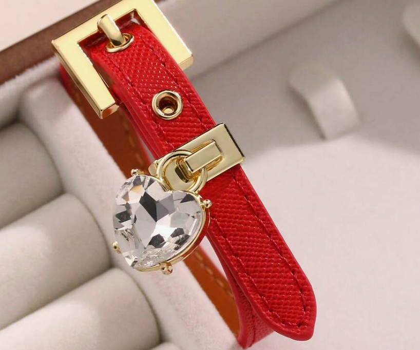 sj25072582278824222 red Faux Diamond Bracelet, Leather Cuff with Rhinestone (10 Sets) - Image 5