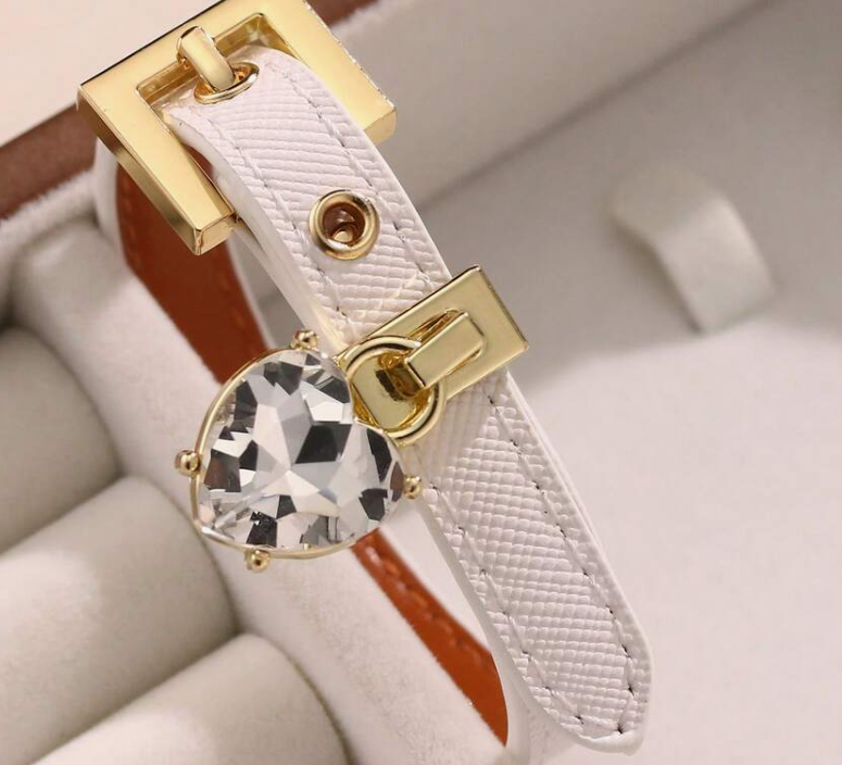 sj25072582278824222 white Faux Diamond Bracelet, Leather Cuff with Rhinestone (10 Sets) - Image 4