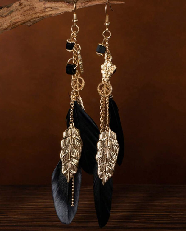 Casual Bohemian Style Natural Feather & Golden Leaf Earring (10 sets) - Image 6
