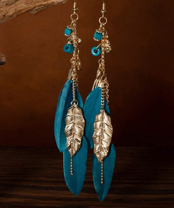 Casual Bohemian Style Natural Feather & Golden Leaf Earring (10 sets) - Image 5