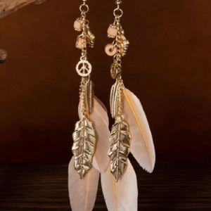 Casual Bohemian Style Natural Feather & Golden Leaf Earring (10 sets)