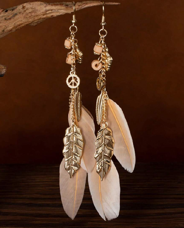 Casual Bohemian Style Natural Feather & Golden Leaf Earring (10 sets)
