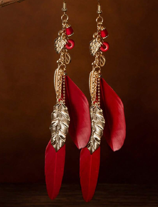 Casual Bohemian Style Natural Feather & Golden Leaf Earring (10 sets) - Image 3