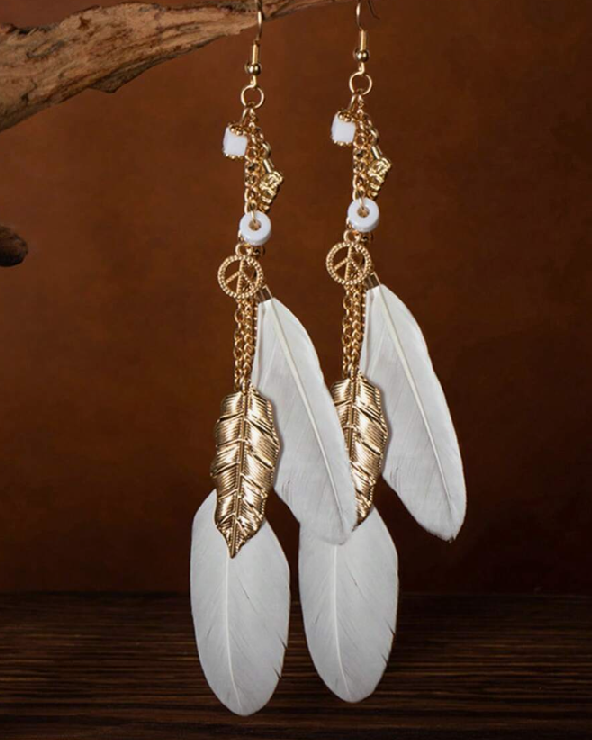 Casual Bohemian Style Natural Feather & Golden Leaf Earring (10 sets) - Image 2