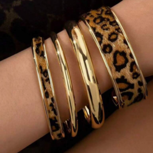 4pcs Leopard Print PU Leather & Minimalist Metal Bangle Bracelet Set (10 Sets)