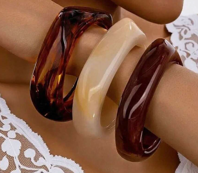 sj25090942362423435 3pcs Vintage Amber, Beige & Brown Acrylic Bangle Bracelet (10 Sets)