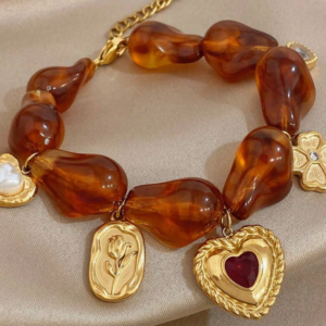 Retro Sweetheart Amber Heart 18K Gold Plated Stainless Steel Bracelet (10 Sets)