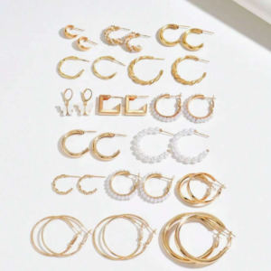 16pcs Fashionable Versatile Vintage C-Shaped Hoop Pearl Earring Set (10 Sets)