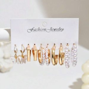 5pcs Fashionable Versatile Vintage C-Shaped Hoop Geometric Metal Faux Pearl Earring Set (10 Sets)