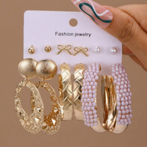 6 Pairs Combination Exaggerated Faux Pearl Bow Hoop Earring (10 Sets)